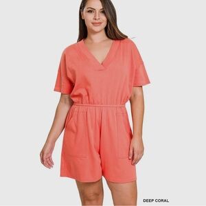 Deep Coral Plus Size Drop Shoulder V-Neck Romper with Pockets